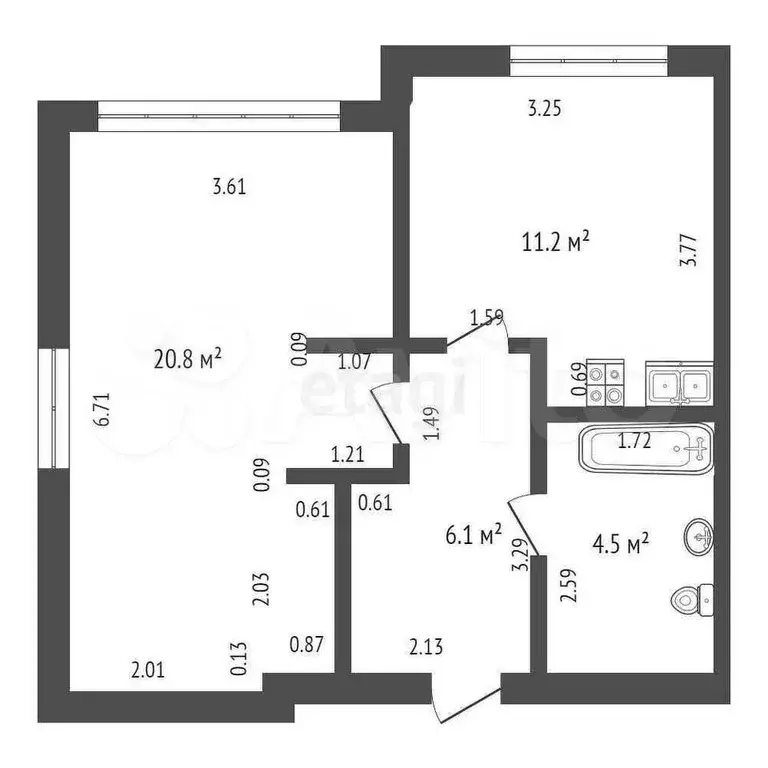 1-к. квартира, 42,6 м, 1/4 эт. - Фото 0