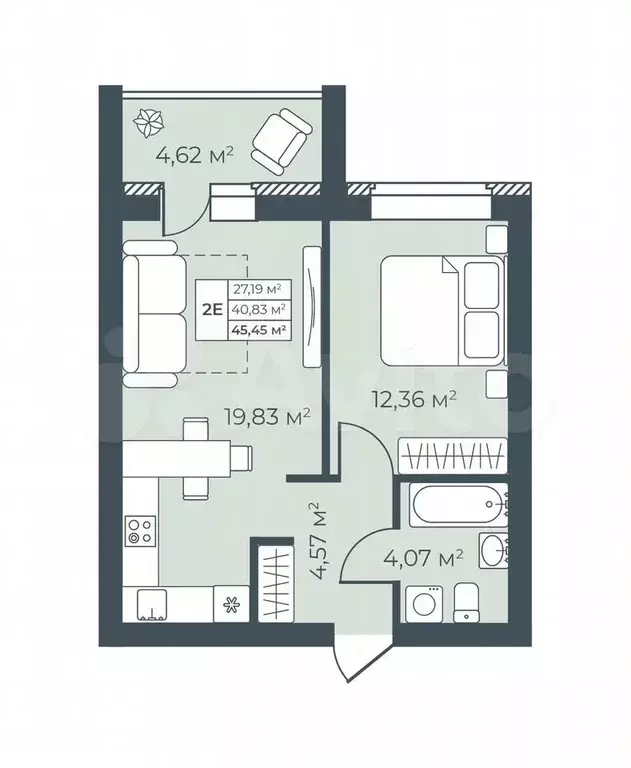 2-к. квартира, 45,5 м, 1/9 эт. - Фото 0