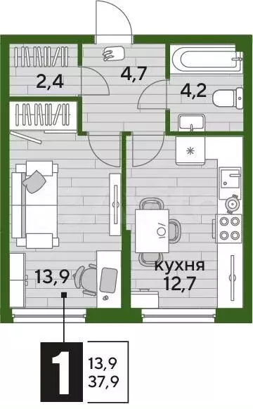 1-к. квартира, 37,9 м, 2/16 эт. - Фото 1