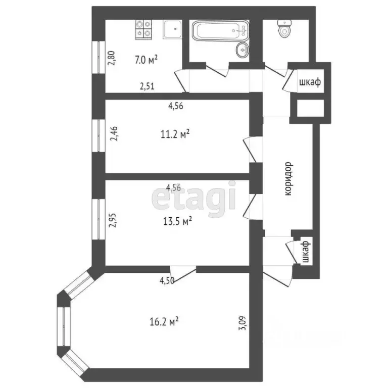 3-к кв. Челябинская область, Челябинск ул. Калинина, 10 (66.6 м) - Фото 2