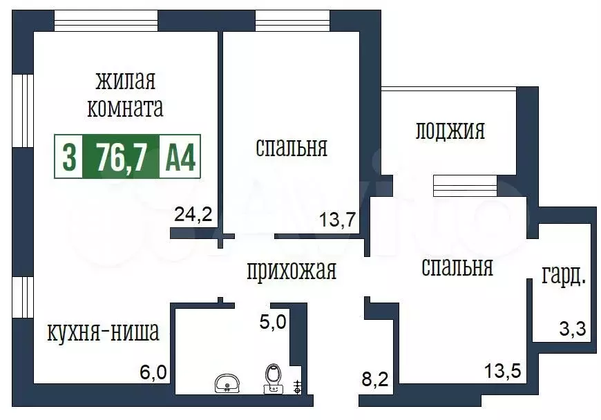 3-к. квартира, 76,7 м, 16/24 эт. - Фото 0