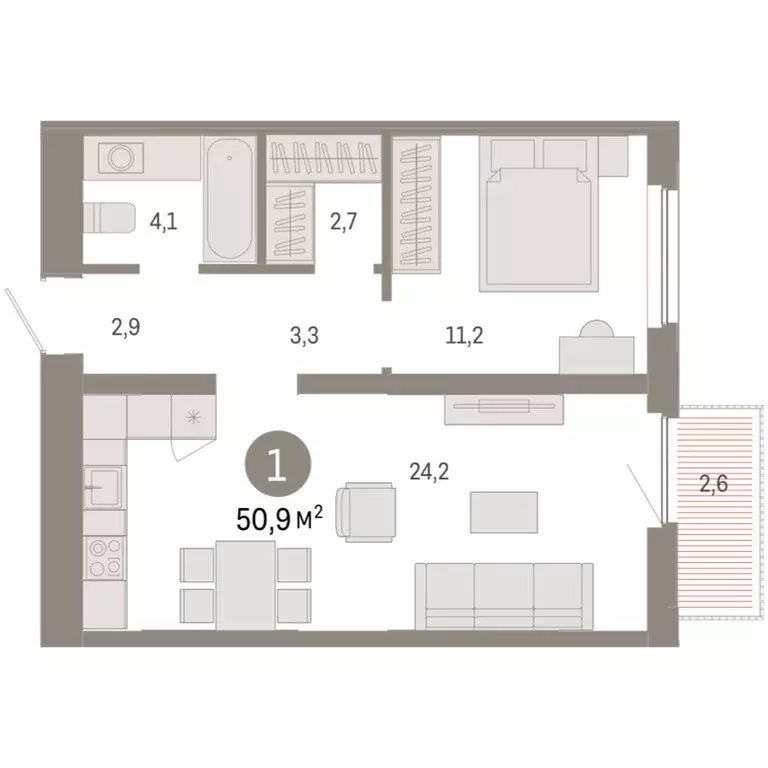1-комнатная квартира: Тюмень, Мысовская улица, 26к2 (50.94 м) - Фото 1