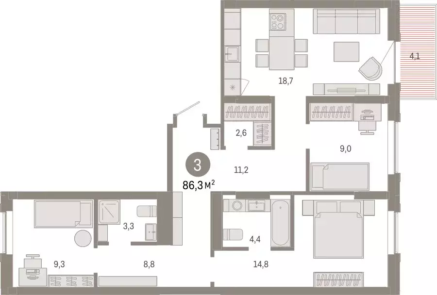 3-комнатная квартира: Омск, Кировский округ (86.29 м) - Фото 1