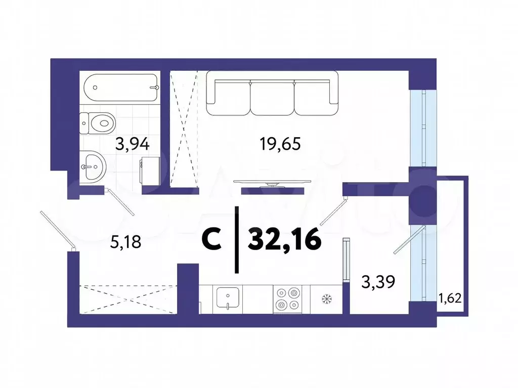 Квартира-студия, 32,2 м, 3/13 эт. - Фото 1