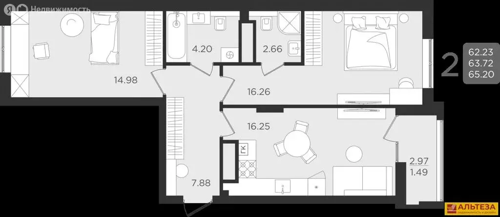 2-комнатная квартира: Калининград, улица Старшины Дадаева, 55к1 (64.04 ... - Фото 0