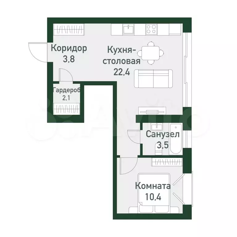 1-к. квартира, 44,5 м, 3/3 эт. - Фото 0