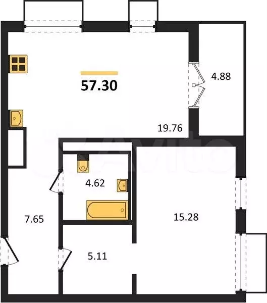 1-к. квартира, 57,3 м, 1/4 эт. - Фото 1