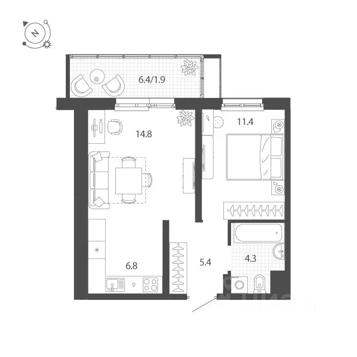 2-к кв. Тюменская область, Тюмень Профсоюзная ул., 55 (44.5 м) - Фото 0