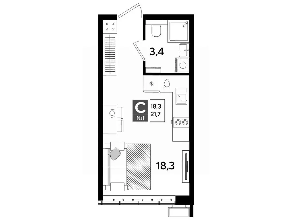 Студия Краснодарский край, Краснодар ул. Анны Ахматовой, 6/1 (21.7 м) - Фото 1