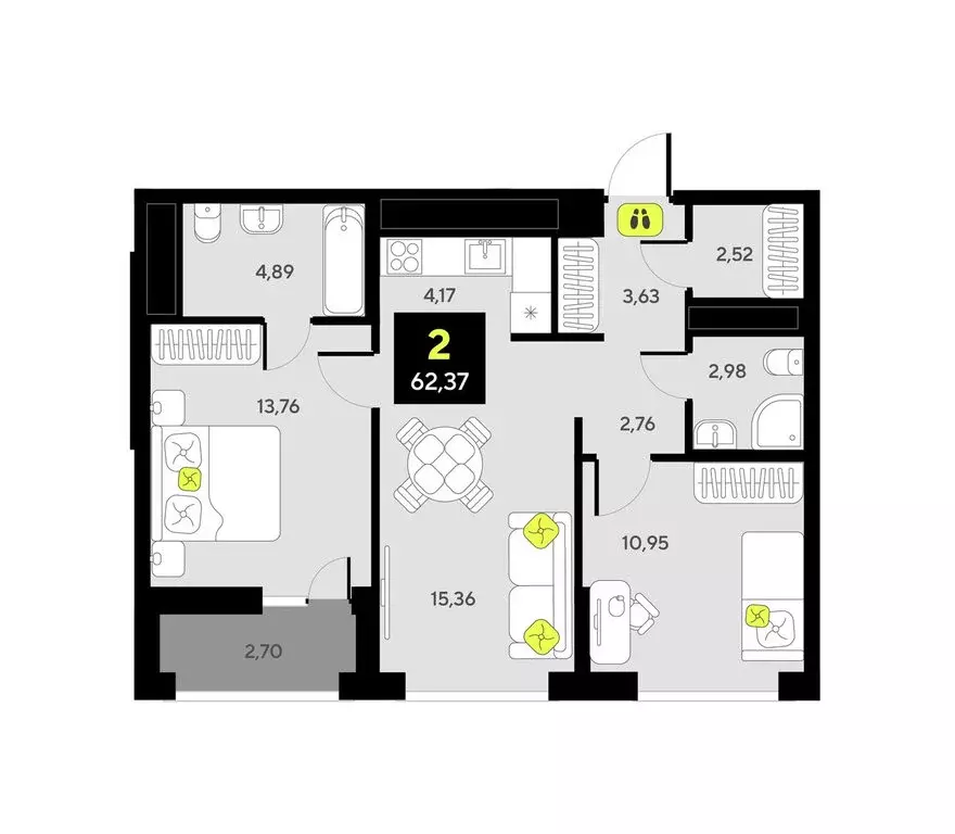 2-комнатная квартира: Тюмень, улица Андрея Приказнова, 1 (62.37 м) - Фото 0
