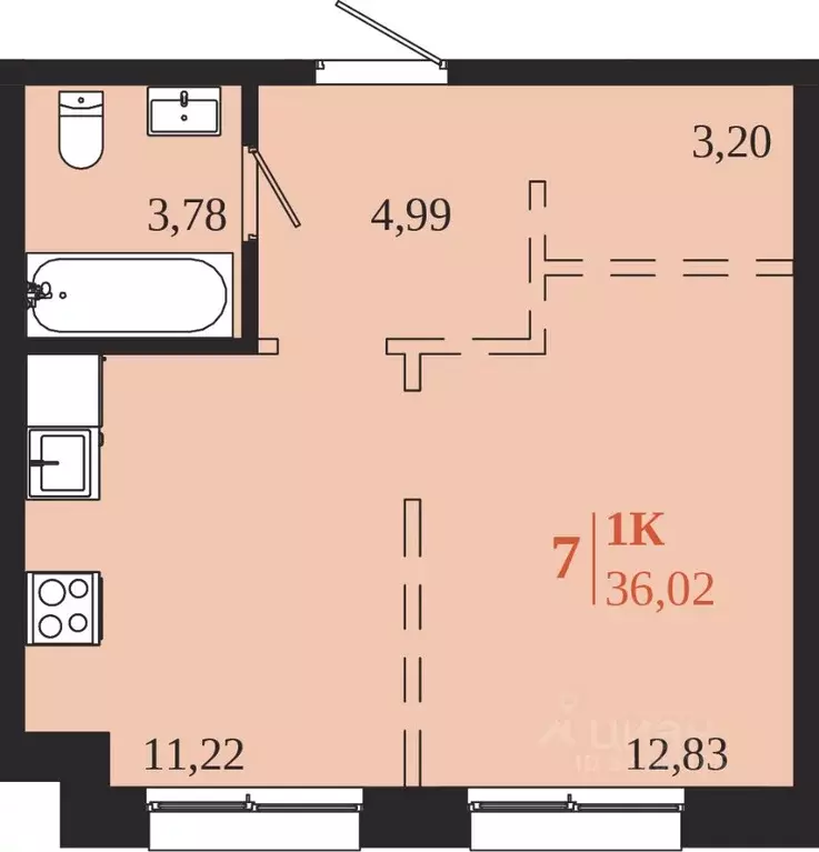 1-к кв. Иркутская область, Иркутск 1661 жилой комплекс (36.02 м) - Фото 1
