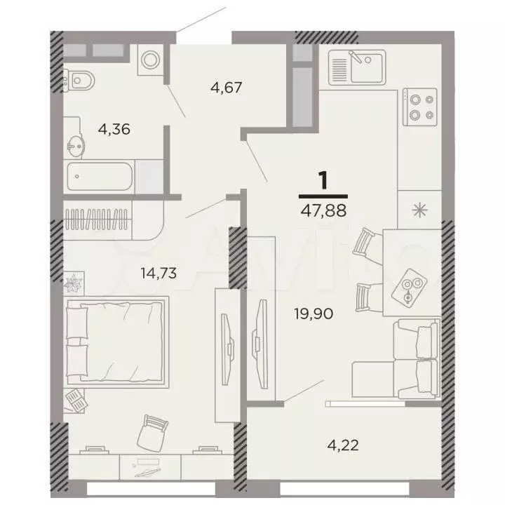 1-к. квартира, 47,9 м, 10/25 эт. - Фото 0