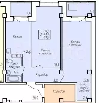 2-к. квартира, 69 м, 8/9 эт. - Фото 0