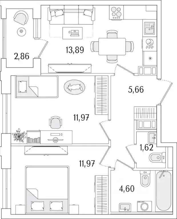 2-к кв. Санкт-Петербург ул. Фучика, 12к3Д (51.14 м) - Фото 1