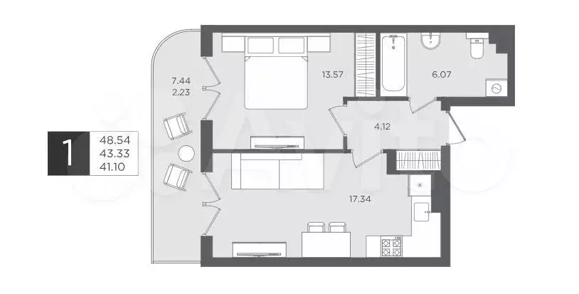 1-к. квартира, 48,5 м, 4/4 эт. - Фото 1