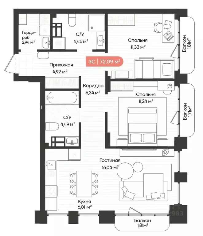 3-к кв. Новосибирская область, Новосибирск Ленинградская ул., 342 ... - Фото 1