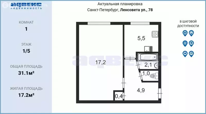 1-комнатная квартира: Санкт-Петербург, улица Ленсовета, 78 (31.1 м) - Фото 1