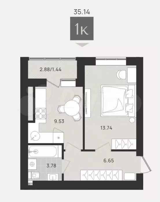 1-к. квартира, 35,1 м, 7/9 эт. - Фото 1