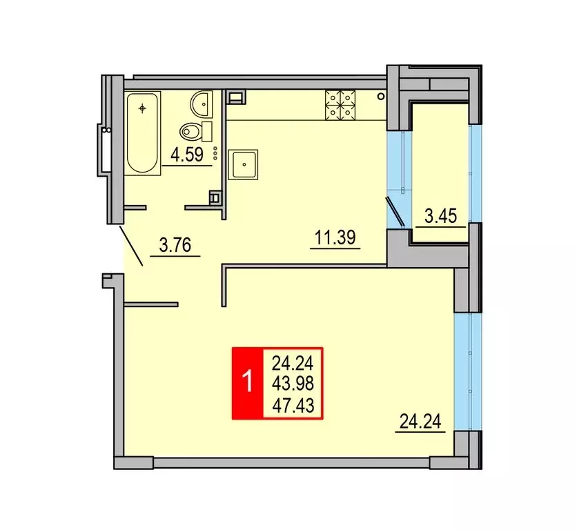 1-комнатная квартира: Тверь, Заволжский район (47.43 м) - Фото 0