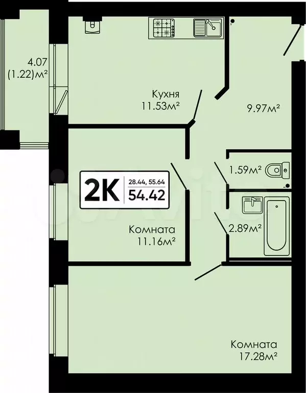 2-к. квартира, 54,4 м, 4/4 эт. - Фото 0