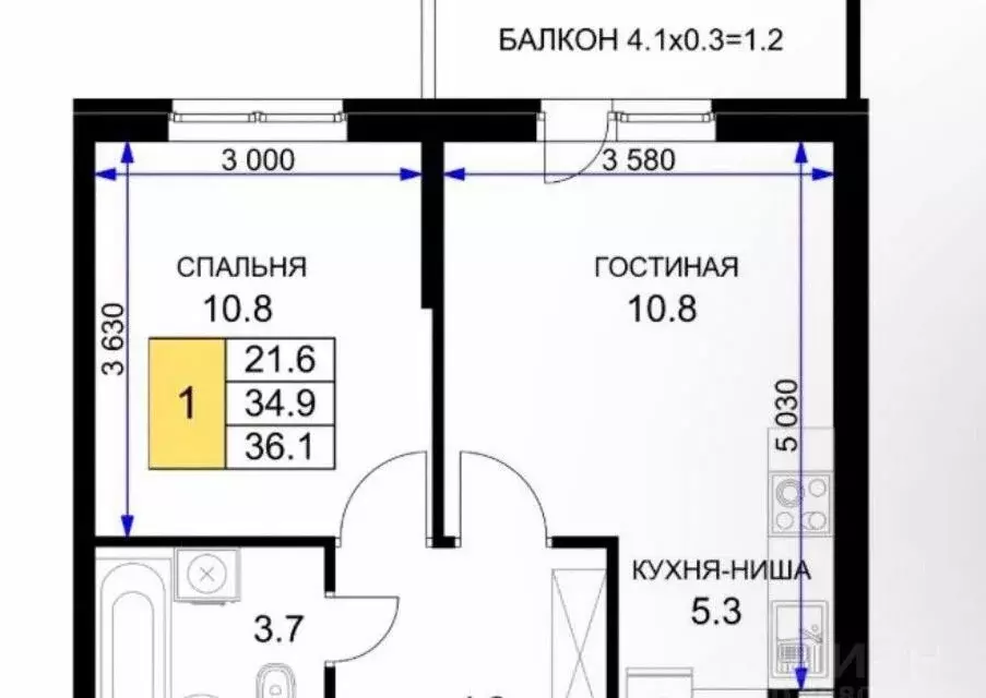 1-комнатная квартира: Краснодар, улица имени Героя Ростовского, 8к1 ... - Фото 0