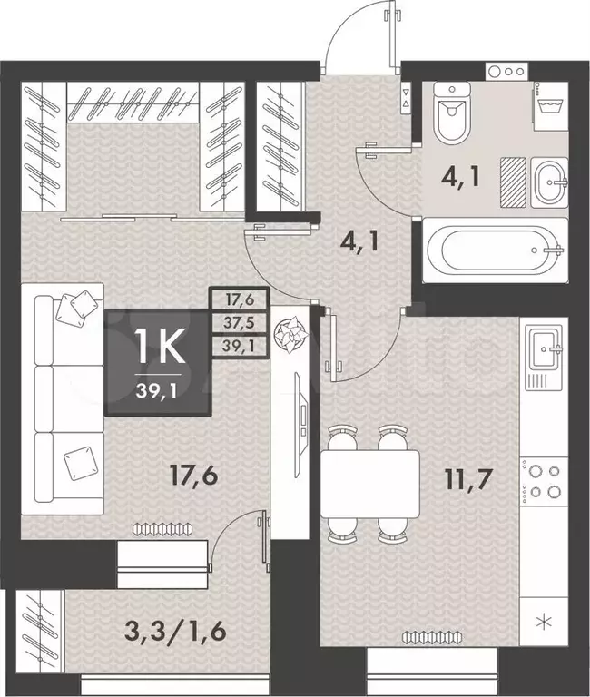 1-к. квартира, 39,1 м, 5/16 эт. - Фото 0