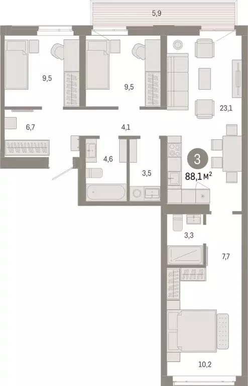 3-комнатная квартира: Тюмень, Ленинский округ (88.09 м) - Фото 1