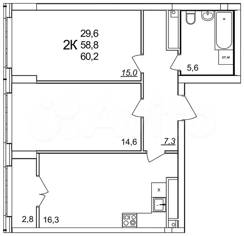 2-к. квартира, 60 м, 23/25 эт. - Фото 1