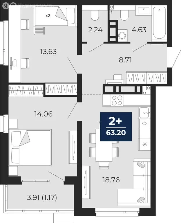 2-комнатная квартира: Тюмень, Арктическая улица, 14 (63.2 м) - Фото 1