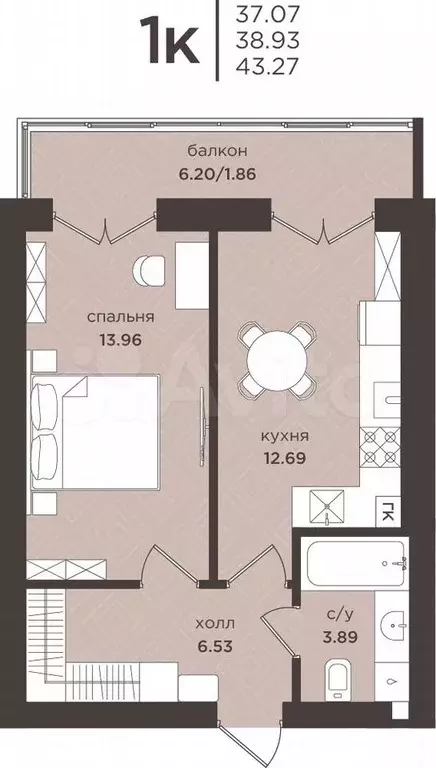 1-к. квартира, 38,9 м, 7/7 эт. - Фото 1
