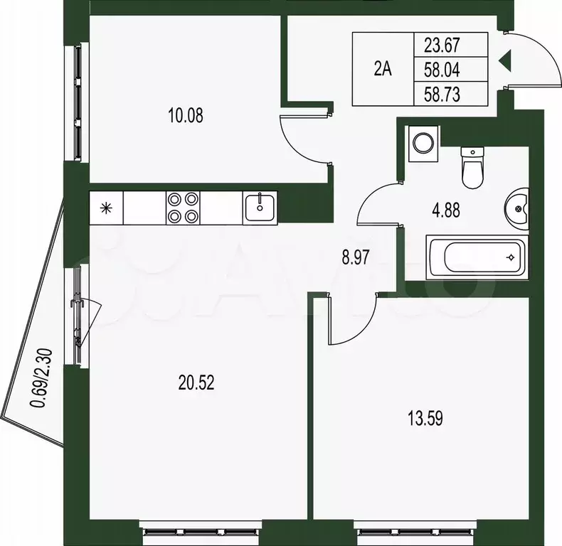 2-к. квартира, 58,7 м, 5/10 эт. - Фото 0