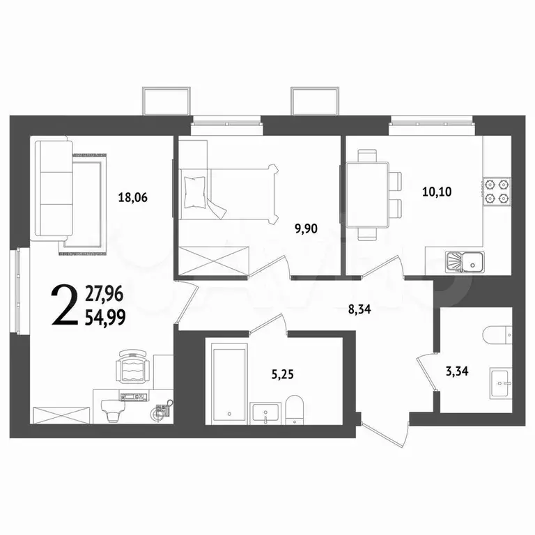 2-к. квартира, 55 м, 8/25 эт. - Фото 1