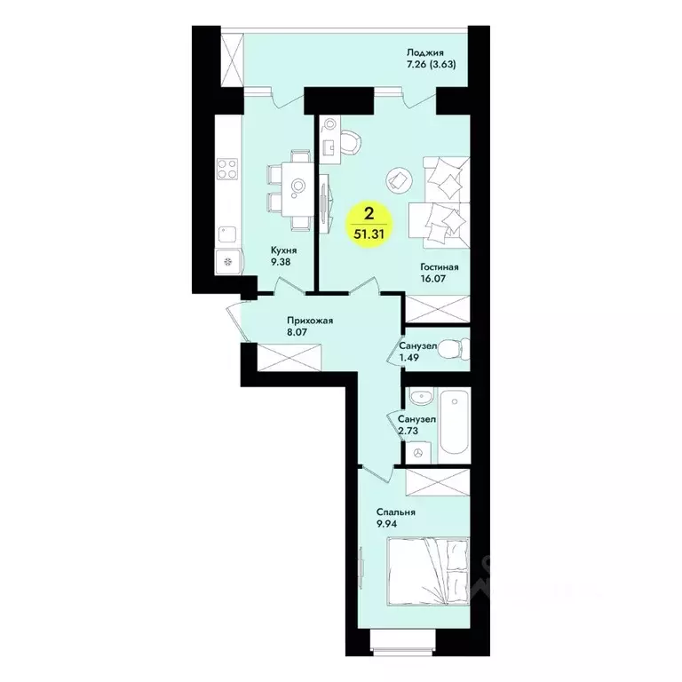 2-к кв. Марий Эл, Йошкар-Ола  (51.31 м) - Фото 1