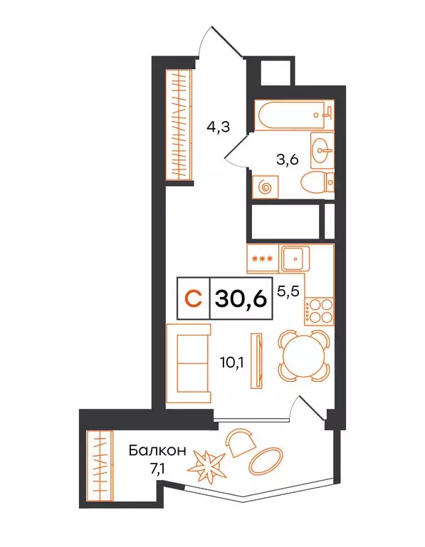 Квартира-студия: Екатеринбург, улица Патриса Лумумбы, 54 (30.6 м) - Фото 1