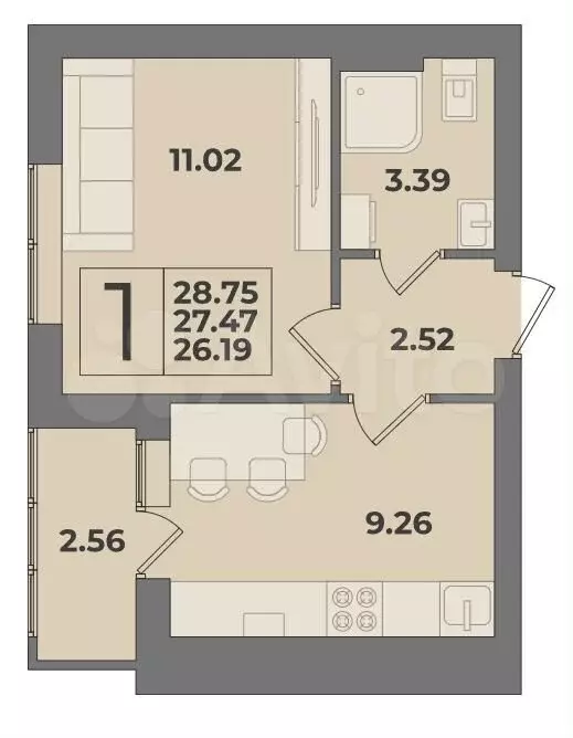 1-к. квартира, 27,5 м, 6/9 эт. - Фото 1