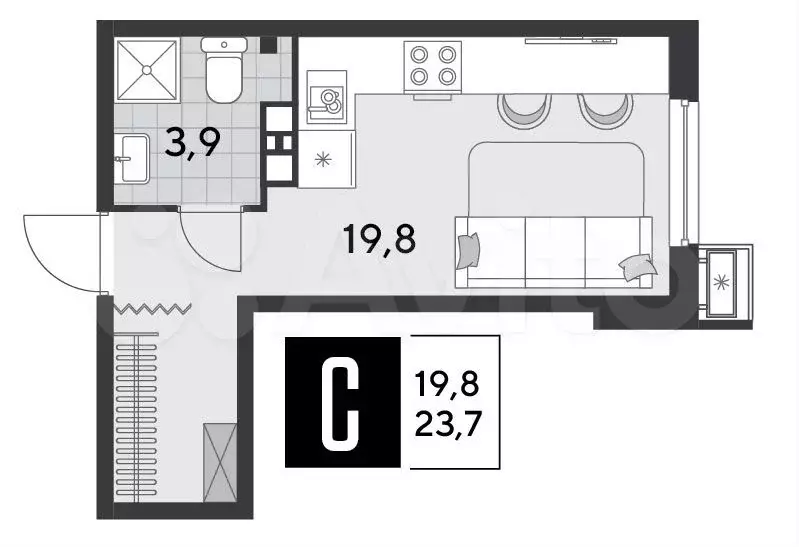 Квартира-студия, 23,7 м, 6/18 эт. - Фото 1