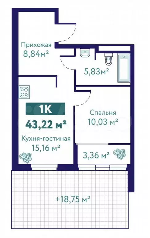 1-к. квартира, 43,2 м, 1/10 эт. - Фото 1