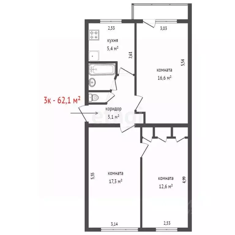 3-к кв. Свердловская область, Екатеринбург ул. Фурманова, 46 (62.1 м) - Фото 1