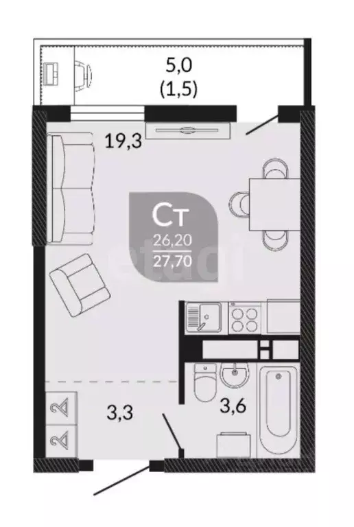 Студия Краснодарский край, Новороссийск ул. Куникова, 47Г (26.2 м) - Фото 2