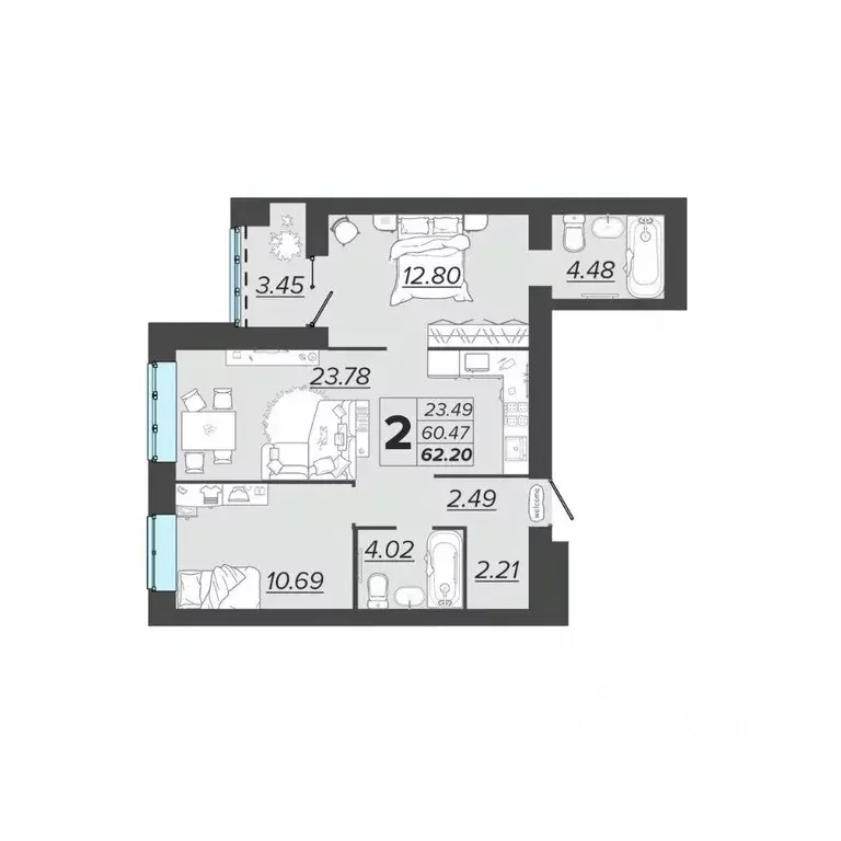 2-к кв. Брянская область, Брянск Архитектор жилой комплекс (62.2 м) - Фото 1