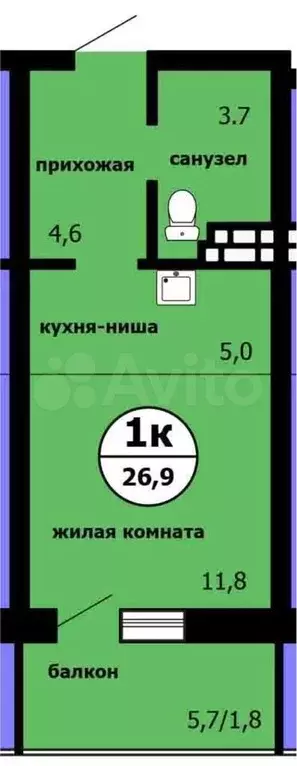 Квартира-студия, 26,9 м, 9/9 эт. - Фото 0