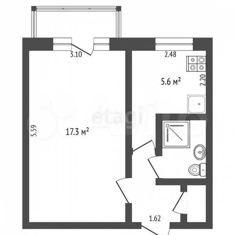 1-к. квартира, 30,6 м, 4/5 эт. - Фото 0