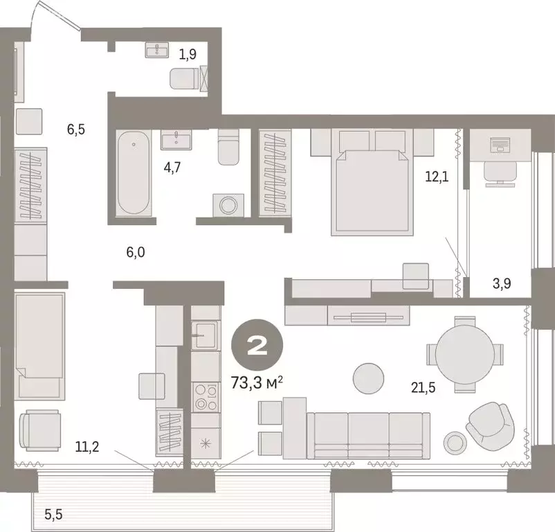 2-комнатная квартира: Тюмень, Краснооктябрьская улица, 4к3 (73.27 м) - Фото 1