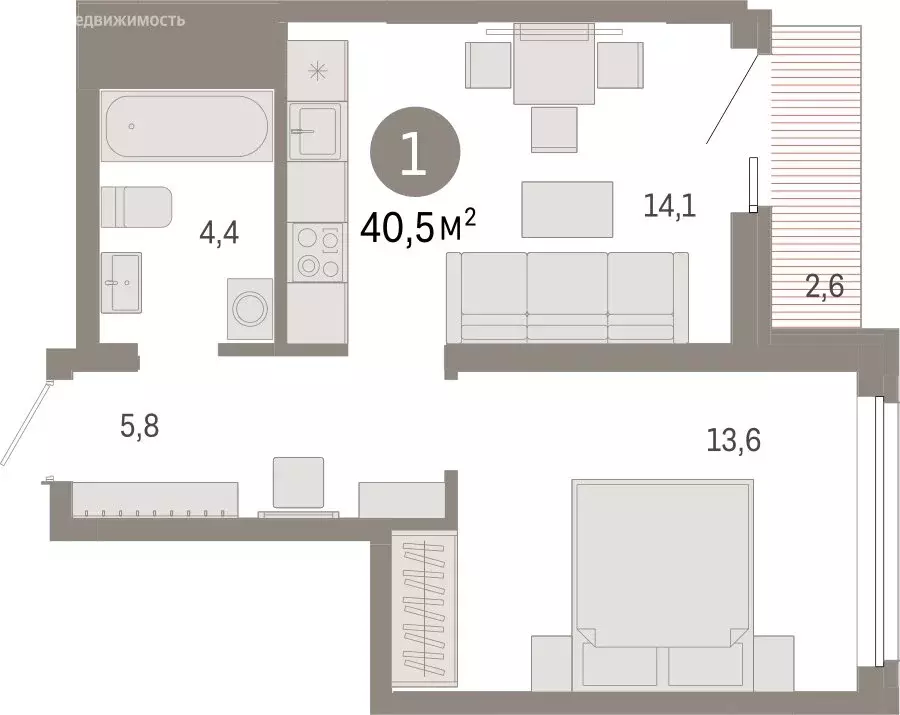 1-комнатная квартира: Екатеринбург, Мраморская улица, 27/2 (40.47 м) - Фото 1