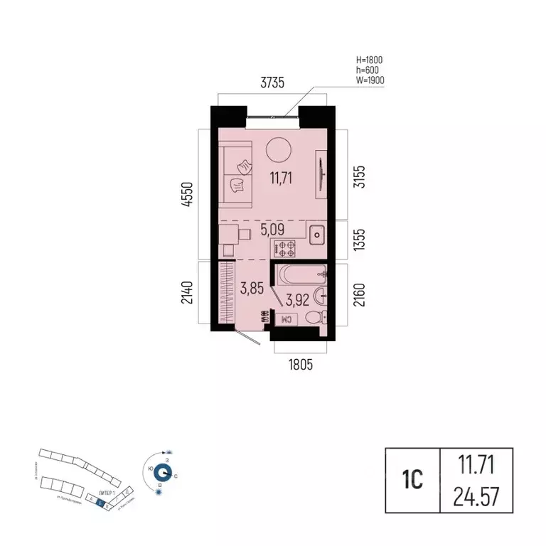 1-к кв. Башкортостан, Уфа Глумилино-1 мкр, Новатор жилой комплекс ... - Фото 0
