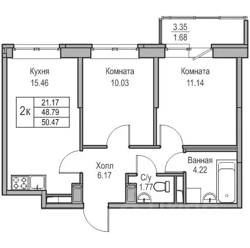 2-к кв. Санкт-Петербург ул. Ивинская, 1к4 (47.72 м) - Фото 1