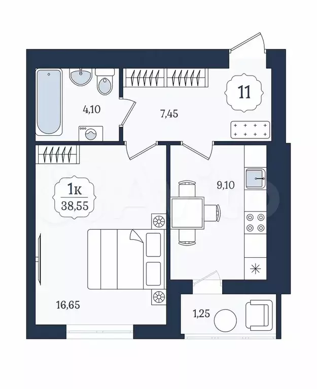 1-к. квартира, 38,6 м, 3/9 эт. - Фото 1