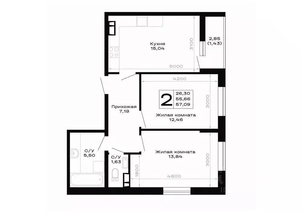 2-к кв. Адыгея, Майкоп ул. Юннатов, 2Е (57.09 м) - Фото 1