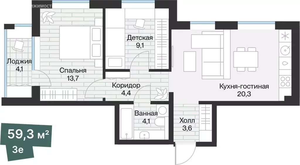 2-комнатная квартира: Тюмень, жилой комплекс Эклипт (57.23 м) - Фото 1
