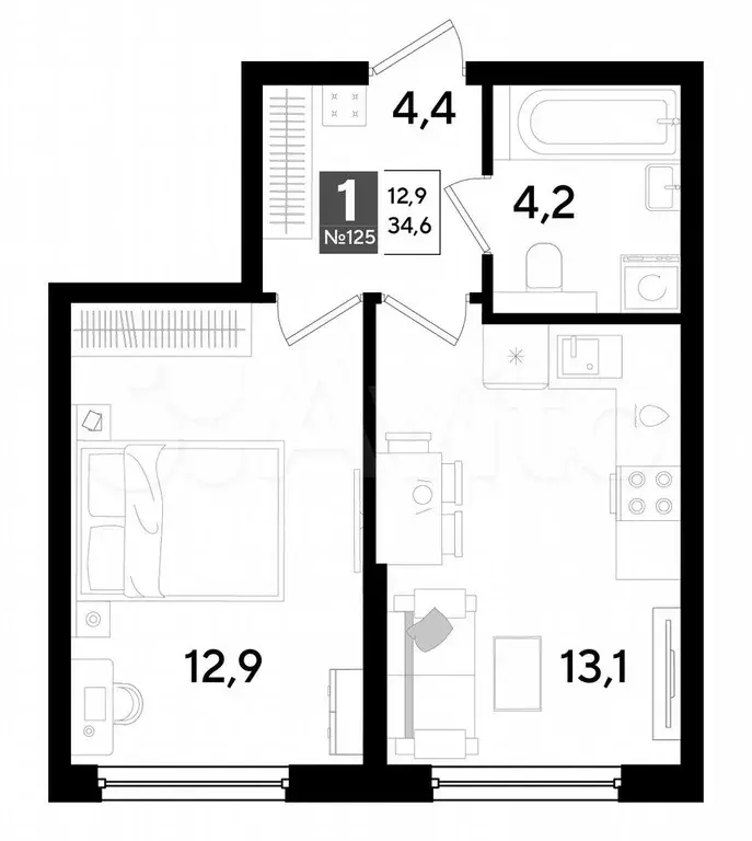 1-к. квартира, 34,6 м, 2/16 эт. - Фото 0